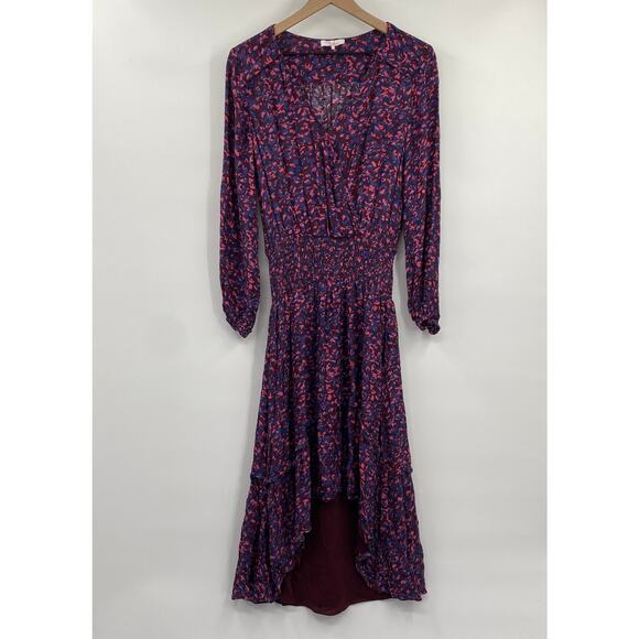 Parker Elizabeth Floral Long Sleeve Midi Dress Silk Blend Blouson Faux Wrap L - Picture 2 of 10